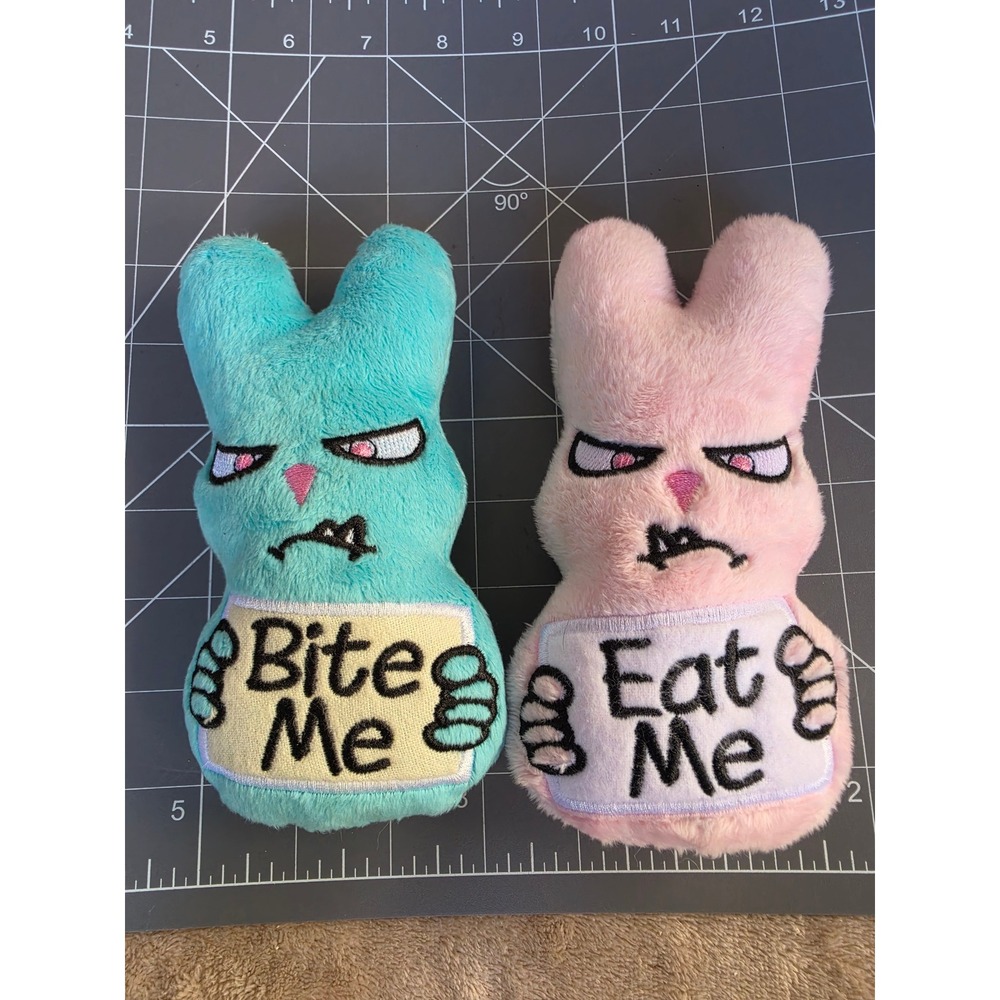 Angry Bunny Plush Set Teal Pink Bite Me Eat Me Grumpy Rabbit Easter 7 Inch